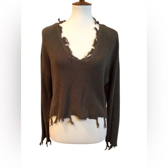 NWOT Hyfve Deconstructed Olive Green V-Neck Sweater Size S - Picture 1 of 8